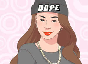 一位女性戴著「DOPE」無邊帽和金鏈，背景是粉紅色漩渦圖案。