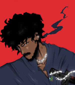 動漫男子，非洲式頭髮和發光鏈條項鍊，紅色背景。