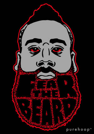 風格化的臉孔，有紅色鬍鬚和發光的眼睛，帶有文字 fear the beard