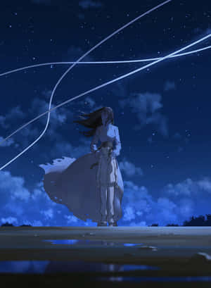 動漫女孩穿白色外套站在繁星點點的夜空下，帶有發光的光跡。 — HMD Terra M 壁紙