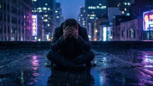 一個男人獨自坐在雨夜城市中濕漉漉的屋頂上，雙手掩面。