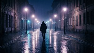 一個人在夜晚獨自走在被雨水浸濕的城市街道上，在發光的路燈下。