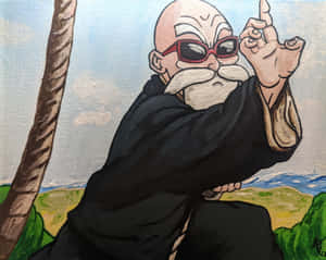 動漫角色戴著紅色太陽眼鏡和白色鬍鬚，在戶外做出和平手勢。 — 海龜 壁紙