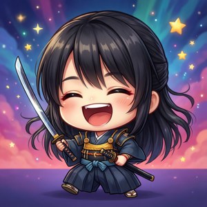 Q版動漫武士女孩在星空下持刀大笑