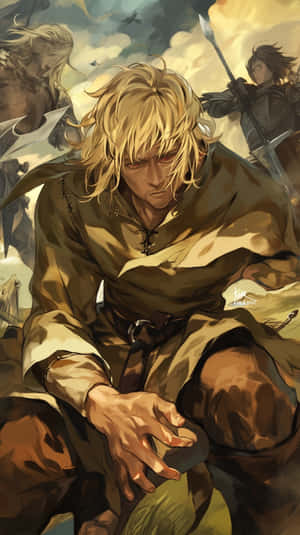 暴風雨天空下，金髮戰士身穿戰鬥裝備跪著，身後有劍。 — Vinland Saga GIF 壁紙