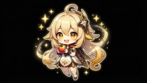 金髮的Q版動漫女孩拿著一個被閃爍星星包圍的紅蘋果。