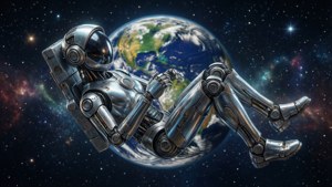 機械人太空人在太空中漂浮，地球在背景中。