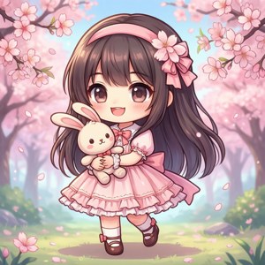 動漫女孩穿著粉紅色連衣裙在櫻花下抱著兔子毛絨玩具。