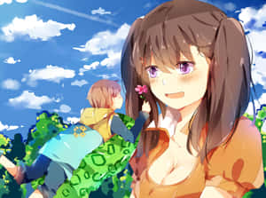 棕色雙馬尾的動漫女孩在藍天白雲下拿著一朵粉紅色的花。 — 七大罪 壁紙