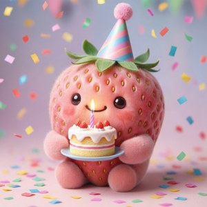 一個卡通草莓手持生日蛋糕，紙屑飄落。 — Pixel Watch 4 壁紙