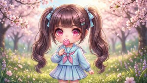 可愛的動漫女孩，紮著辮子，在陽光明媚的田野裡櫻花下拿著棒棒糖。