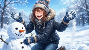 一個開心的女孩穿著冬衣，在雪地森林裡和雪人旁邊玩雪。