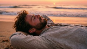 日落時分在海灘上休息的男人與海浪