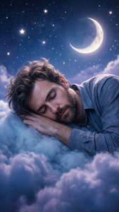 男人在彎月和星星下的雲朵上睡覺 — iPhone 5 壁紙