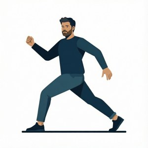 一個穿深色衣服的鬍子男帶著堅定的表情奔跑。