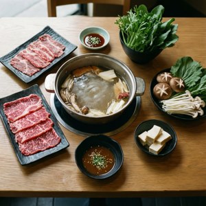 一頓火鍋餐，有牛肉、蘑菇、豆腐和青菜，放在木桌上。