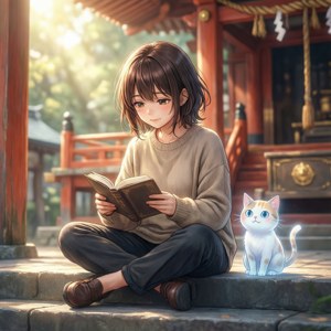 女孩在陽光下寺廟台階上與發光的貓看書