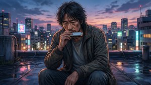 男人在雨中的屋頂上吹奏口琴，俯瞰黃昏時發光的城市。