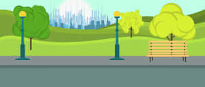 樹下的公園長椅，背景是城市天際線。