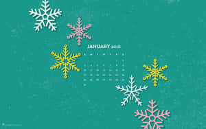 2016年1月日曆，在青綠色背景上有彩色雪花。