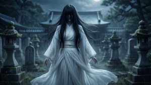 一個身穿白袍的鬼影，夜間立於霧氣瀰漫的日本墓地中。