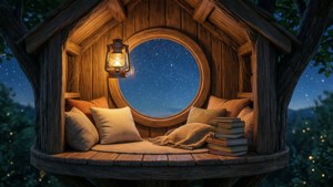 舒適的樹屋，夜晚有燈籠和星空景觀。