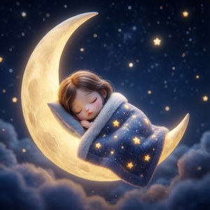 一個孩子在星空下的彎月上睡著，裹著星星毯子。