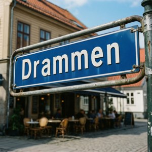 晴朗日子裡，咖啡廳戶外座位上方懸掛的 Drammen 藍色路牌。