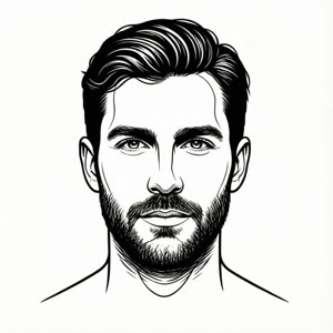 黑白線條藝術插圖，描繪一位留著鬍鬚和時尚髮型的男子。 — Pixel Watch 3 壁紙