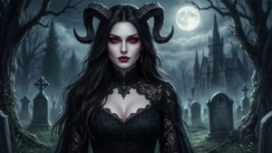 一個擁有紅眼和角的惡魔女子在月光下的墓地。