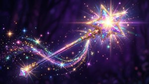 一根發光的星星魔法棒在神秘森林中投射出閃爍的痕跡。