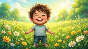 一個快樂嘅幼兒喺陽光普照嘅雛菊同野花田入面笑。