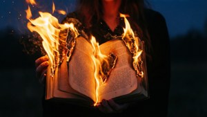 暮色中攞住一本燃燒嘅書嘅人。