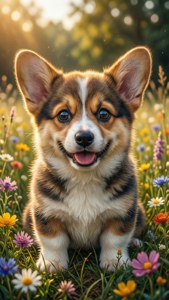 一隻快樂的哥基幼犬坐在金色陽光下色彩繽紛的野花田裡。