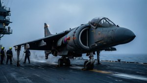 軍用噴射機在航空母艦甲板上，機組人員在暴風雨黃昏時準備發射。