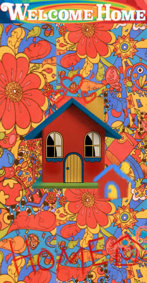 一間紅屋頂藍的房子在色彩繽紛的迷幻花卉背景上，帶有「Welcome Home」文字。 — Pixel Fold 壁紙