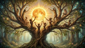 神秘的樹上人形伸向發光的太陽，在魔法森林中。