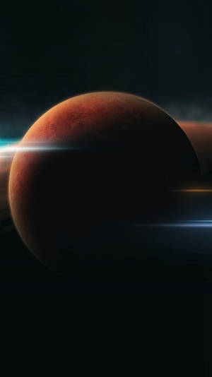 一顆被宇宙光線照亮的紅色行星，位於深空之中。