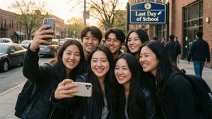 學生們在陽光明媚的街道上以團體自拍慶祝學期最後一天。