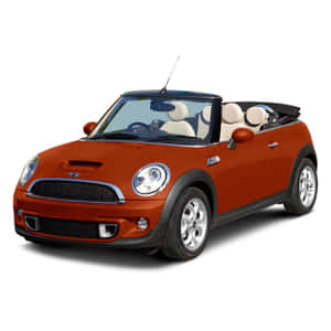 橙色開篷Mini Cooper，配以奶油色內飾和黑色飾邊，置於白色背景上。 — 霓虹紅美學 壁紙