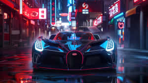 黑色 Bugatti 超跑在濕漉漉的霓虹燈城市街道上夜晚 — 夜景城市 壁紙
