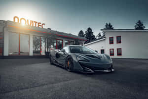 一輛灰色McLaren跑車在日落時停在現代建築前。 — Surface Pro 壁紙