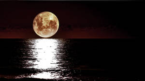 滿月映照在夜間平靜的海水上，天空呈深紅色