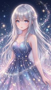 動漫女孩銀色頭髮和星裙在宇宙環境中