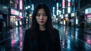女子在雨濕霓虹燈閃爍的東京夜晚街道上