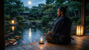 身穿傳統長袍的男子在黃昏時分滿月下於錦鯉池旁冥想。