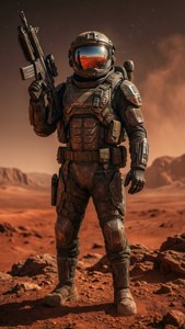 一名身穿未來盔甲的士兵在紅色外星行星上手持步槍。
