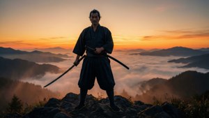 武士戰士在日出時站在山脊上，手持兩把劍，下方有霧氣。
