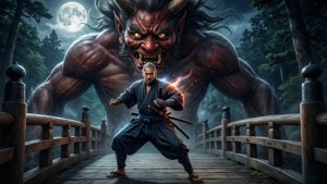 滿月下，武士戰士在森林橋上面對巨大的惡魔鬼。
