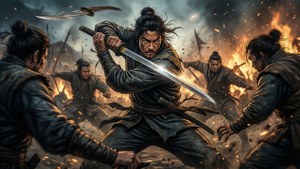武士戰士在烈火戰鬥中對抗多名對手。